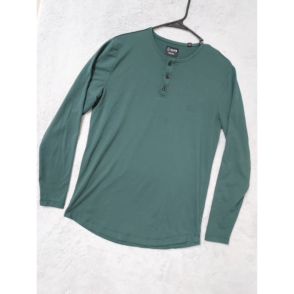 Cuts Shirt Mens Smalll Henley Curve Hem Long Sleeve Green Athleisure Stertch S